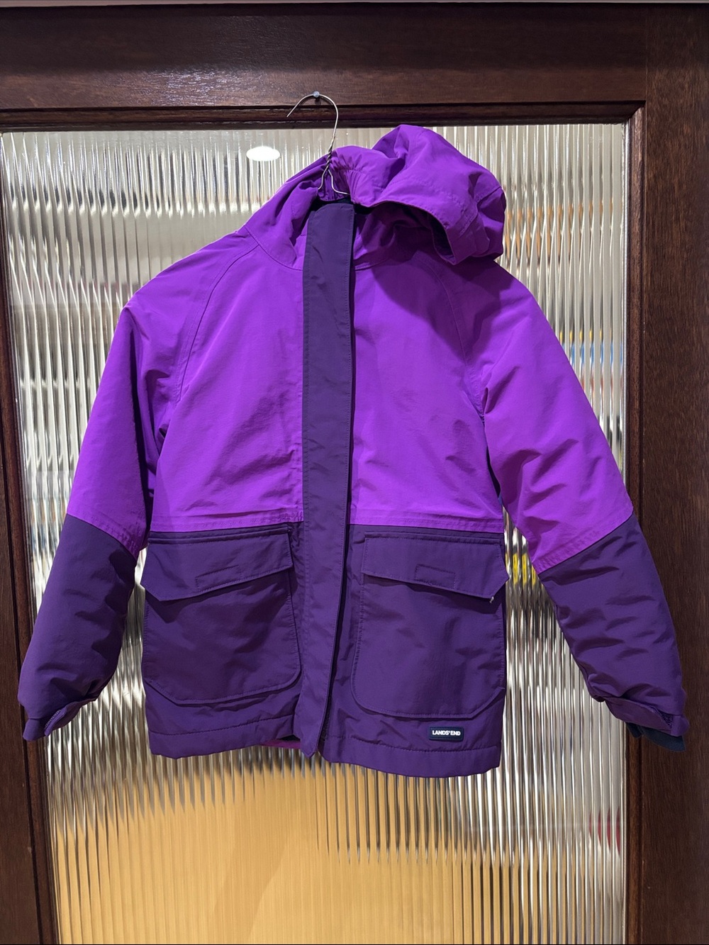 Lands' End Kids Two-Tone Purple Hooded Puffer Jacket